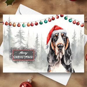 Tarjeta navideña de Basset Hound, Feliz Navidad con gorro de Papá Noel en una escena invernal nevada, Retrato de perro, regalo navideño, ilustración en acuarela