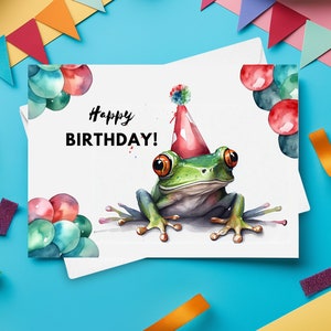 Tree Frog Birthday Card With Party Hat, Happy Birthday, Colorful Frog Birthday Card Illustration, Zoo Animal Birthday, Zoo Greeting Card