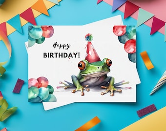 Kartka urodzinowa z żabą drzewną i kapeluszem imprezowym, wszystkiego najlepszego z okazji urodzin, kolorowa ilustracja żaby na kartce urodzinowej, urodziny zwierząt z zoo, kartka z pozdrowieniami z zoo
