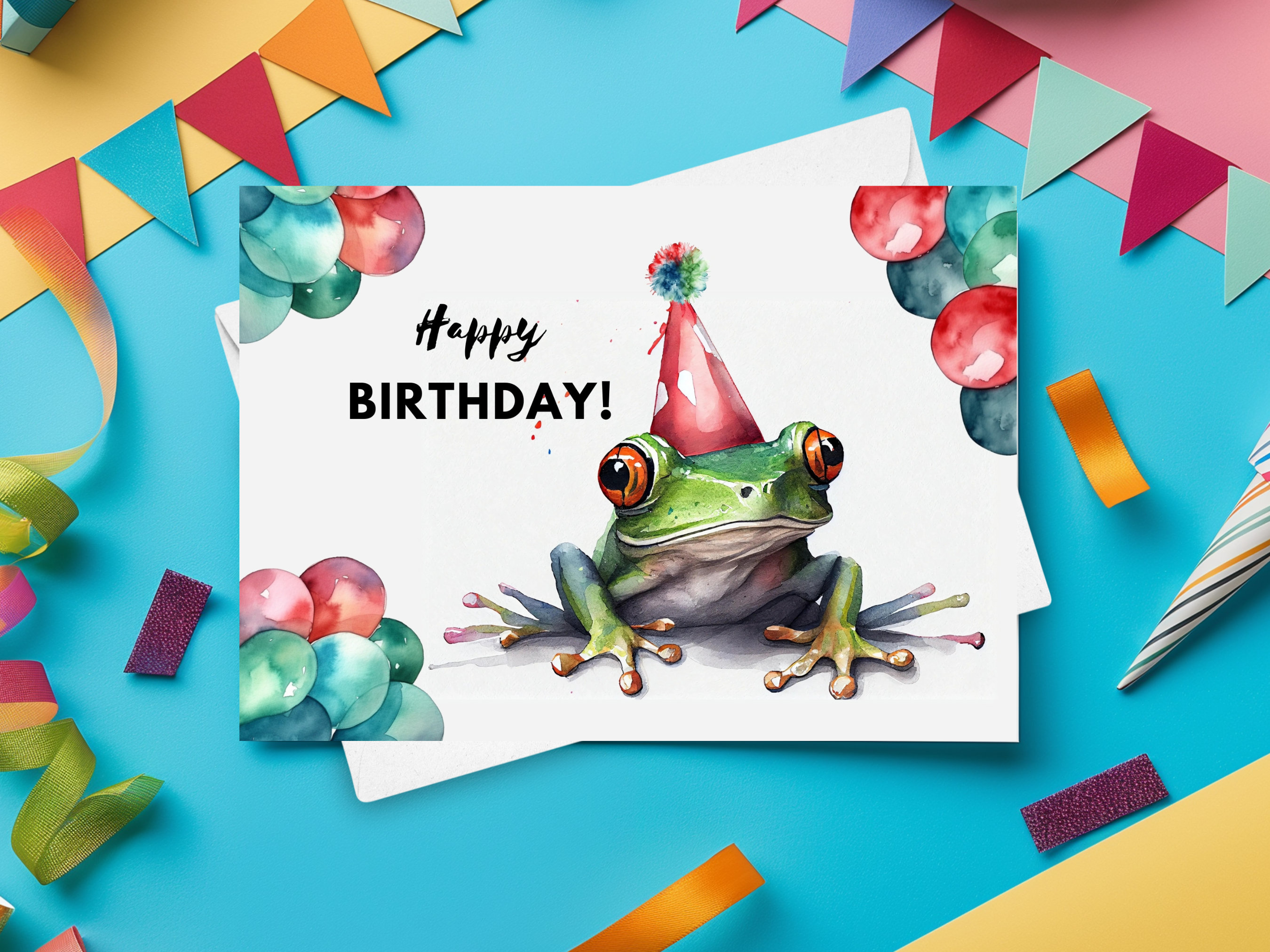 Tree Frog Birthday Card With Party Hat, Happy Birthday, Colorful