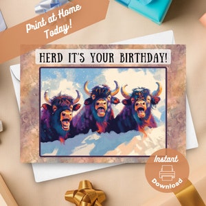 Yak Karte zum Geburtstag, sofort Download, Druck zu Hause Geschenk, Ochsen Herde Geburtstag, süßes Geschenk zum Geburtstag, Ochsen Herde