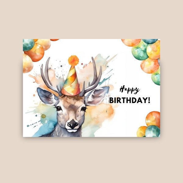 Deer Birthday Card With Party Hat, Happy Birthday, Deer Gift, Forest Wildlife Animal Birthday Greeting Card, Watercolor Art Illustration