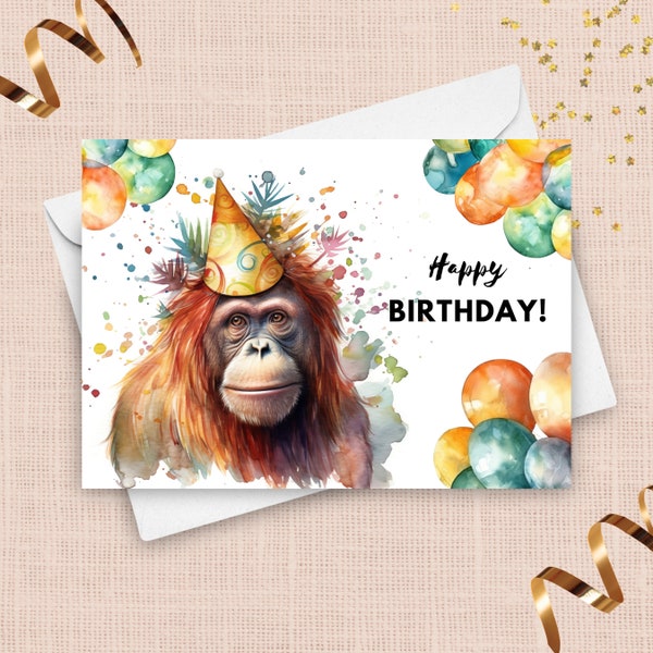 Orangutan Birthday Card With Party Hat, Happy Birthday, Ape Gift, Zoo Safari Animal Birthday Greeting Card, Watercolor Art Illustration