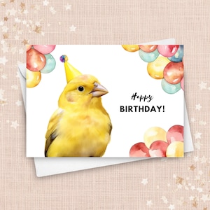 Tarjeta de cumpleaños canario, sombrero y globos de fiesta de cumpleaños, de regalo de cumpleaños de pájaro mascota, canario bailando amarillo, colorida ilustración de acuarela
