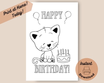 Printable Coloring Birthday Card, Instant Digital Download Print at Home Card, Cute Cat Kitten Animal Birthday Card for Kids to Color