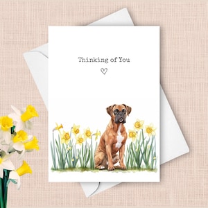 Biglietto d’auguri per cane boxer, cane che invia felice allegria d’amore, regalo di condoglianze narcisi gialli, regalo ad acquerello con fiori primaverili
