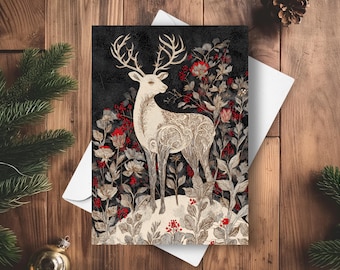 White Stag Holiday Card, Witchy Deer Art Yule Greeting, Gothic Ornate Winter Solstice Forest Gift, Dark Folk Art Nature Christmas Print