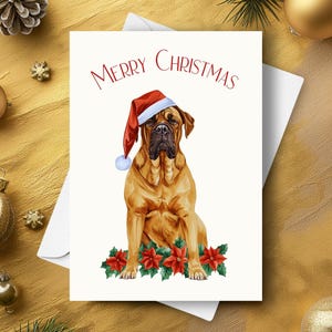 Kerstkaart Mastiff, met kerstmuts en rode kerstster, kerstcadeau bullmastiff hond portret, aquarel kunst illustratie