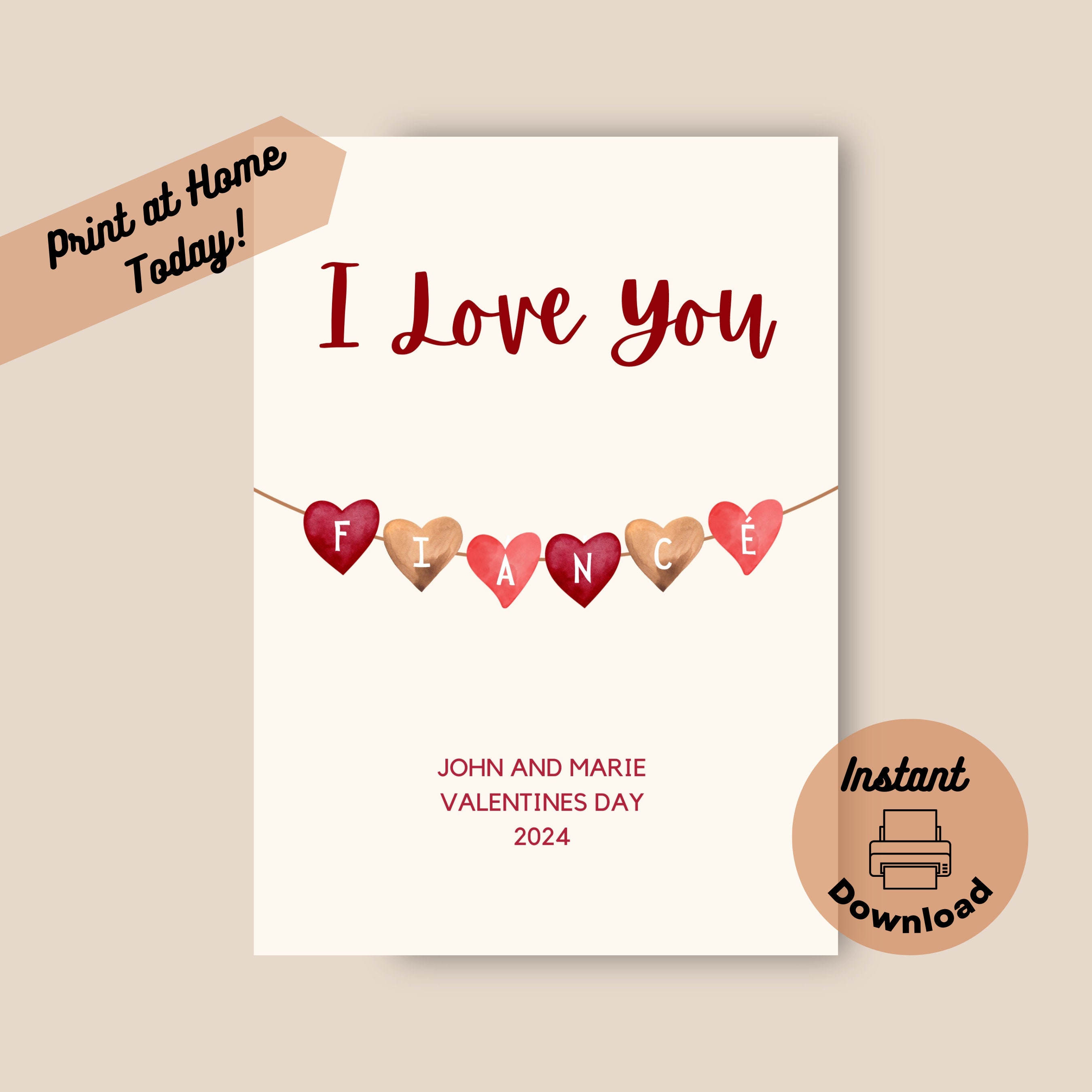 Printable Fiance Valentine Card, Instant Download, Print at Home Card ...