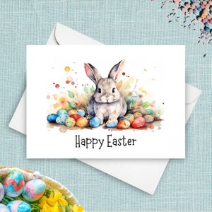 Carte de Pâques lapin, joli bébé lapin de Pâques avec oeufs pastel, cadeau panier de Pâques, carte de voeux aquarelle joyeuses Pâques lapin gris printemps