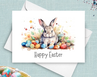 Tarjeta de Pascua con conejito, adorable conejito de Pascua con huevos pastel, regalo de canasta de Pascua, tarjeta de felicitación de acuarela de conejo gris primaveral.