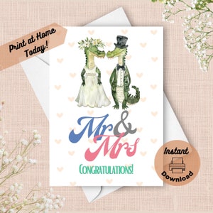 Printable Alligator Bride and Groom Wedding Card, Instant Download, Print at Home Card, Gator Bowtie and Top Hat, Bride with a Flower Crown