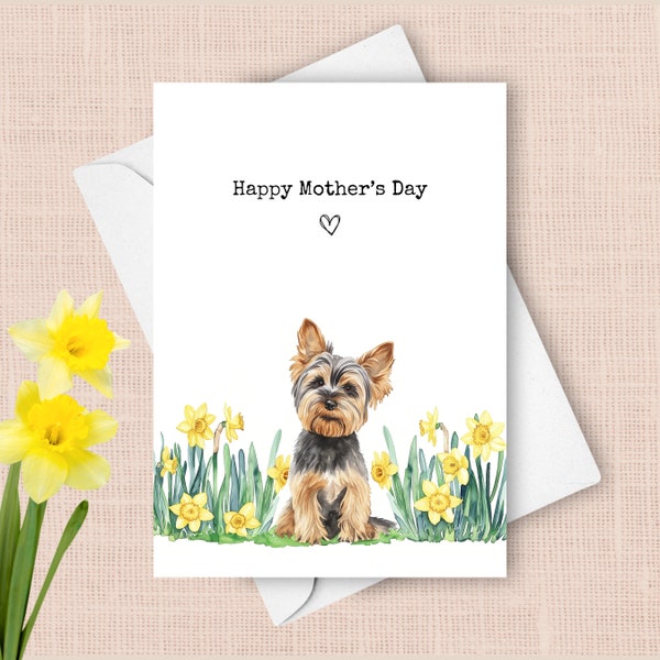 Mother’s Day Card From Yorkie, Pet Dog Happy Mothers Day Greeting, Yellow Daffodils Gift For Mom Spring Yorkshire Terrier Watercolor Present