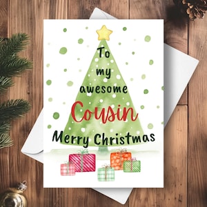 Weihnachtskarte für Cousin, frohe Weihnachtskarte, für meine wunderbare Cousin, Weihnachtsbaum, bunte Geschenke und ein glänzender Goldstern an der Spitze