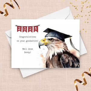 Tarjeta de graduación de águila calva, tarjeta personalizada de graduación 2025, escuela secundaria, universidad, felicitaciones, mascota escolar, águilas