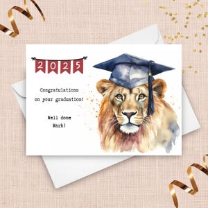 Cartão de formatura do leão, cartão personalizado de formatura 2025, formatura da faculdade da escola secundária, mascote da escola de parabéns