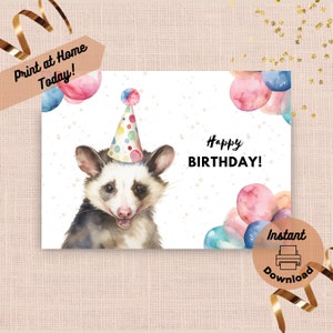 Carte d'anniversaire imprimable Opossum, téléchargement immédiat, carte à imprimer à la maison, cadeau opossum, cadeau animal sauvage, illustration portrait aquarelle