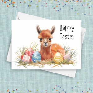 Baby Lama Osterkarte, Lama Cria mit Pastell Ostereiern Gruß, niedliches Frühlings Bauernhof Geschenk, entzückendes Aquarell Ostern Korb Geschenk