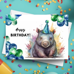Karta urodzinowa Wombat z kapeluszem imprezowym, wszystkiego najlepszego z okazji urodzin, kolorowa karta urodzinowa Wombat, prezent urodzinowy ze zwierzętami z zoo, ilustracja akwarelowa