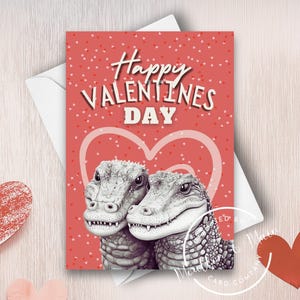 Tarjeta de San Valentín con caimán, feliz día de San Valentín, juego de tarjetas para el día de San Valentín, caimanes enamorados, corazones de amor para San Valentín, ilustración en acuarela