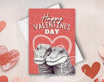 Alligator Valentine Card, Happy Valentine'S Day, Valentines Day Card Set, Alligators In Love, Valentine Love Hearts, Watercolor Illustration