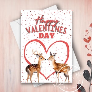 Cartão de Dia dos Namorados de Veado, Feliz Dia dos Namorados, Conjunto de Cartões de Dia dos Namorados, Veado Apaixonado, Conjunto de Veado de Dia dos Namorados, Corações de Amor, Ilustração em Aquarela