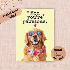 Cartão de Dia das Mães Golden Retriever para impressão, download instantâneo, impressão em casa, presente engraçado e pungente para a mãe, óculos de sol para cachorro feliz, presente