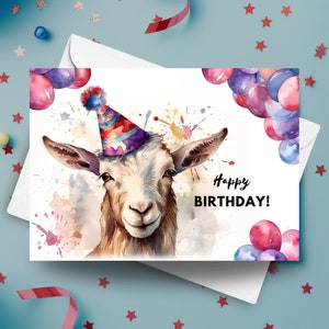 Ziegen-Geburtstagskarte mit Partyhut und Luftballons, Geschenk zum Bauernhof-Geburtstag, niedliche Ziegen-Aquarellillustration, personalisierte alles Gute zum Geburtstag