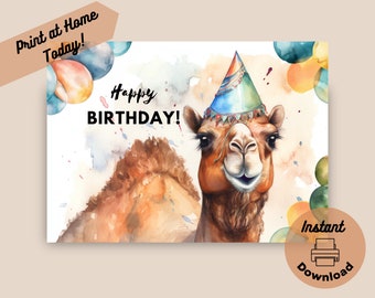 Druckbare Kamel Geburtstagskarte, Sofort Download, Print at Home Karte, Kamel Geschenk, Zoo Tier Geburtstag, Kamel Portrait Aquarell Illustration