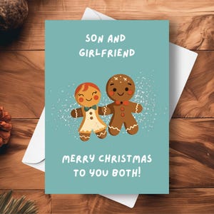 Carte de Noël pour fils et petite amie, voeux de vacances pour homme et femme en pain d'épice, joli cadeau de cuisson de biscuits, carte de vacances pour couple pour les deux