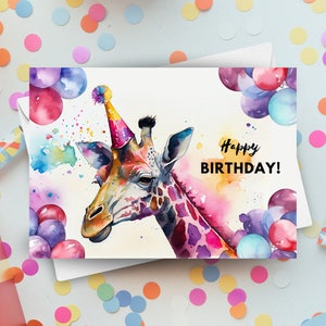 Biglietto di auguri di compleanno con giraffa, cappello per festa di buon compleanno, regalo con animale da safari, biglietto d’auguri a tema animale dello zoo, illustrazione artistica ad acquerello di giraffa