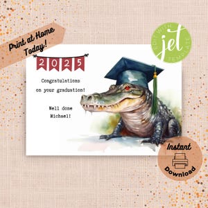 Carte de remise des diplômes personnalisée imprimable en alligator, modèle modifiable à imprimer à la maison, nom personnalisé 2025 Félicitations High School College