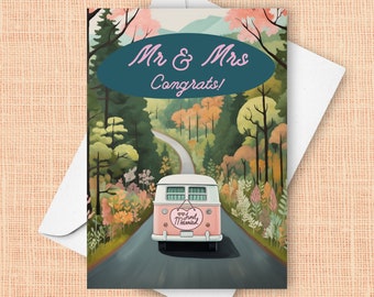 Camper Wedding Card, Adventure Awaits Wedding Congratulations Card, Vintage Retro Camper, Roadtrip Wedding Congrats, Enchanted Forest