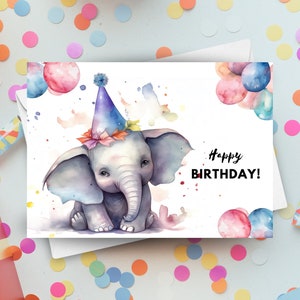 Verjaardagskaart olifant met feestmuts, gelukkige verjaardag, babycadeau, verjaardag dierentuindier, circuswenskaart, aquarel kunst illustratie