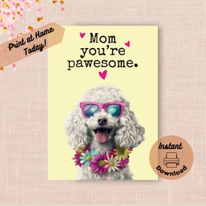 Cartão de Dia das Mães Poodle para Imprimir, Baixe Instantaneamente Imprima em Casa Presente Engraçado e Incrível para a Mãe, Cachorro Branco Feliz com Óculos de Sol Presente