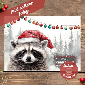 Carte de Noël imprimable en téléchargement numérique, impression à la maison, cadeau raton laveur, scène d'hiver enneigée, illustration d'art aquarelle