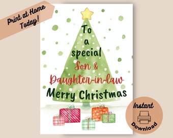 Printable Christmas Card for Son & Daughter-in-law, Instant Digital Download Print at Home Card, Christmas Tree, Presents + Gold Star