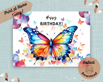 Printable Butterfly Birthday Card, Instant Digital Download Print at Home Card, Brightly Colored Butterflies and Happy Birthday Balloons