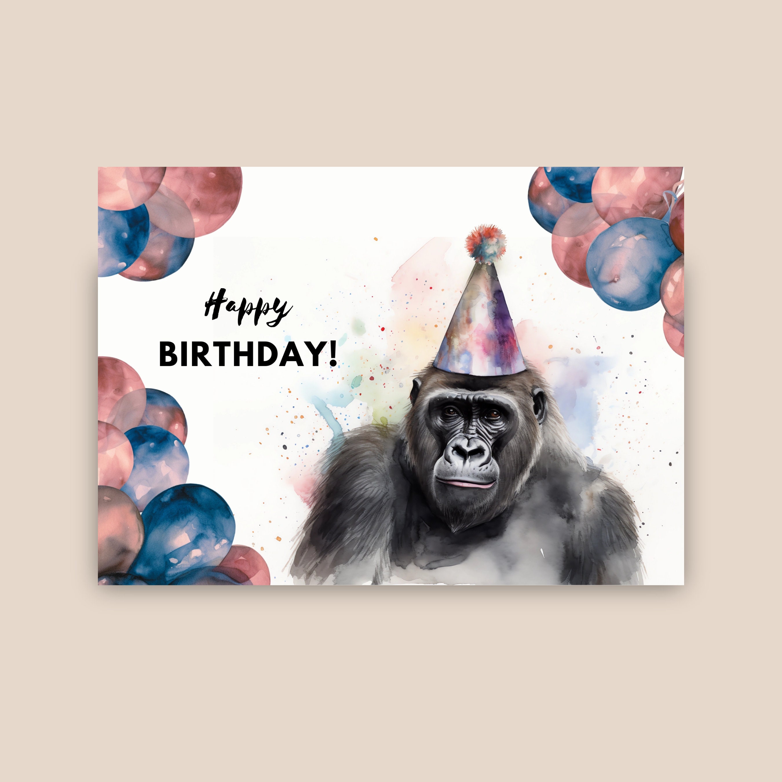 Gorilla Birthday Card With Party Hat, Happy Birthday, Gorilla Gift ...