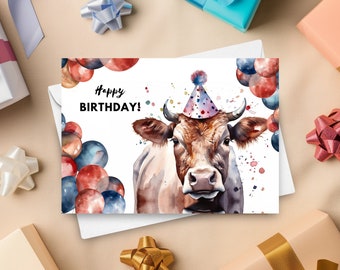 Verjaardagskaart koe met feestmuts en ballonnen, boerderij verjaardagscadeau thema, cowboy verjaardag, grappige melkkoekaart, aquarel illustratie