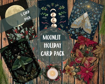 Moonlit Holiday Card Pack, Set of 5 Gothic Witchy Christmas Cards, Dark Night Academia Moth Moon Phases, Winter Yule Metaphysical Card Set