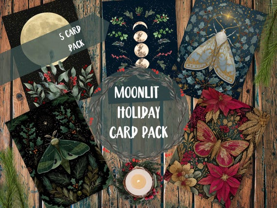 Moonlit Holiday Card Pack, Set of 5 Gothic Witchy Christmas Cards, Dark Night Academia Moth Moon Phases, Winter Yule Metaphysical Card Set