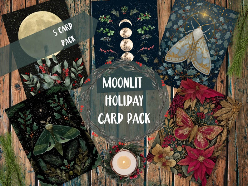 May include: A pack of five holiday cards with celestial and botanical designs. The cards feature illustrations of a full moon, moths, butterflies, and floral arrangements. The text "Moonlit Holiday Card Pack" is displayed in the center.