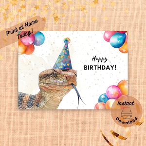 Cartão de aniversário de cascavel para impressão, download instantâneo, cartão para imprimir em casa, presente de cobra venenosa selvagem do deserto ocidental, ilustração em aquarela