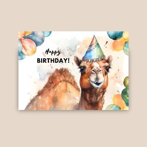 Camel Birthday Card With Party Hat, Happy Birthday, Camel Gift, Zoo Animal Birthday, Animal Greeting Card, Watercolor Art Illustration