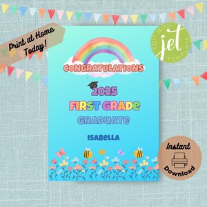 Carte imprimable de remise des diplômes de première année, modèle modifiable à imprimer à la maison, carte de félicitations personnalisée avec le nom de l'enfant, des fleurs et des abeilles