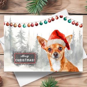Chihuahuakerstkaart, Merry Christmas-chihuahua met kerstmuts in een besneeuwde winterse scène, hond vakantiecadeau aquarel illustratie