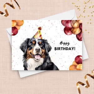 Berner Sennenhund Geburtstagskarte, alles Gute zum Geburtstag Partyhut und Luftballons, Aquarell Illustration Berner Sennenhund, Haustier Geschenk