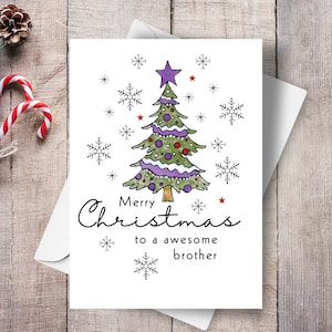 Biglietto di auguri di Natale per fratello, Buon Natale a un fratello fantastico, Illustrazione di un albero di Natale e fiocchi di neve dei cartoni animati, Saluto per le feste in famiglia
