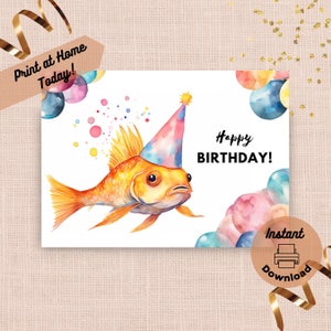 Tarjeta de cumpleaños imprimible de pez koi, descarga instantánea, tarjeta para imprimir en casa, arte original, de carpa japonesa, ilustración colorida en acuarela